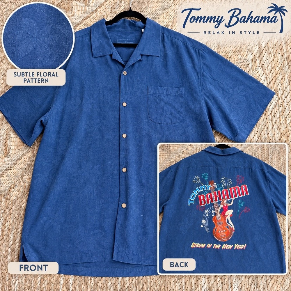 Tommy Bahama Embroidered STRUM IN THE NEW YEAR Silk Camp Shirt XXL Cruise Dad